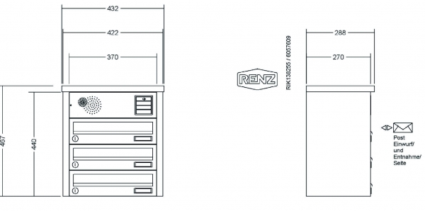 RENZ Briefkastenanlage Aufputz, Tetro, Kastenformat 370x110x270mm, mit Klingel - & Lichttaster und Vorbereitung Gegensprechanlage, 3-teilig